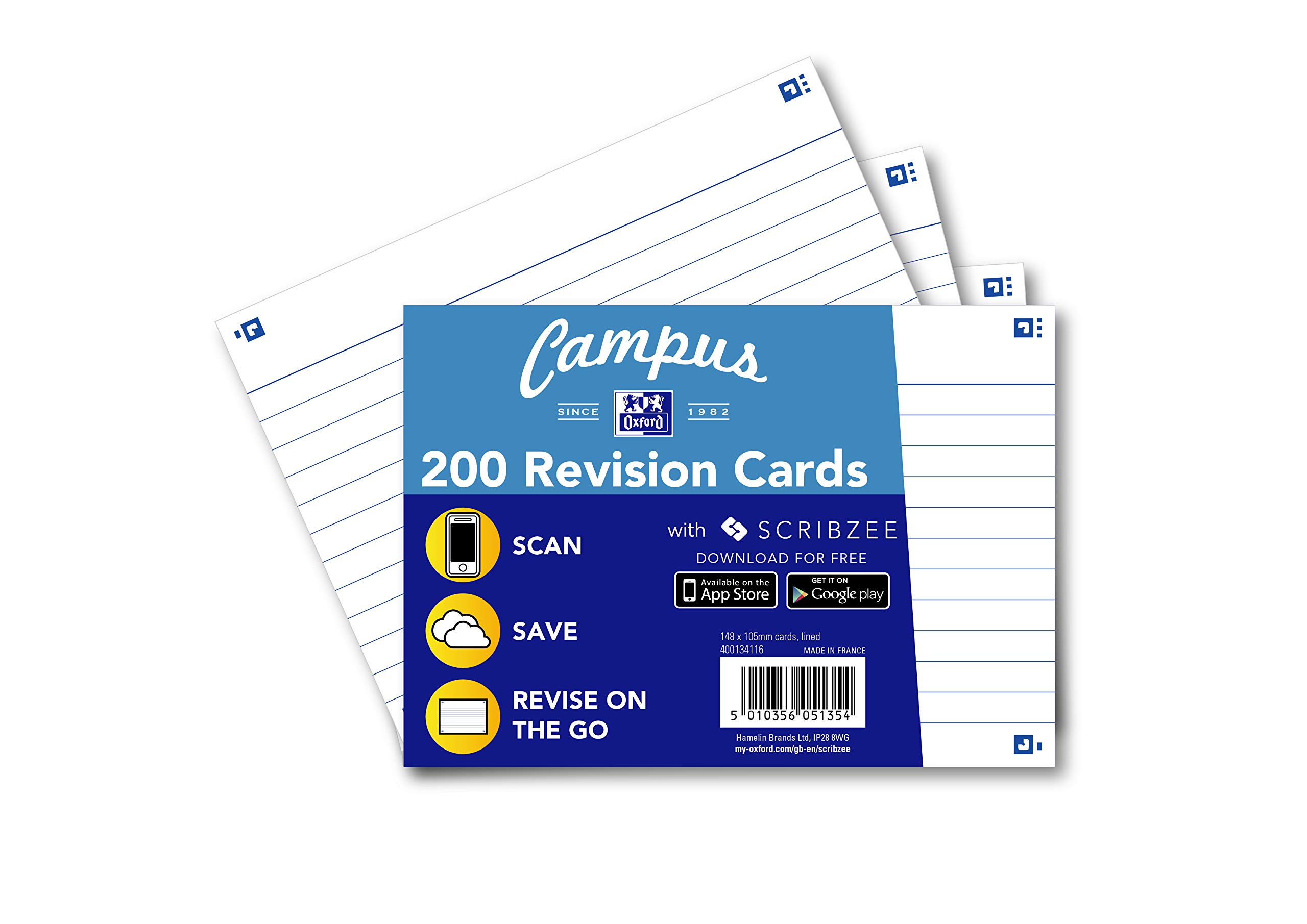 Oxford Revision Cards, Flash Cards, Ruled, A6, White, 200 Flash Cards