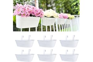 LÁLÁGREEN LaLaGreen Planter Boxes for Outdoor (6 Pack, 17 Inch) White Metal Deck Railing Hanging Flower Pots, Large Window Box Plant Holder Hooks Fence Rail Buckets Modern Herb Boho Style Wall Mount Porch Decor