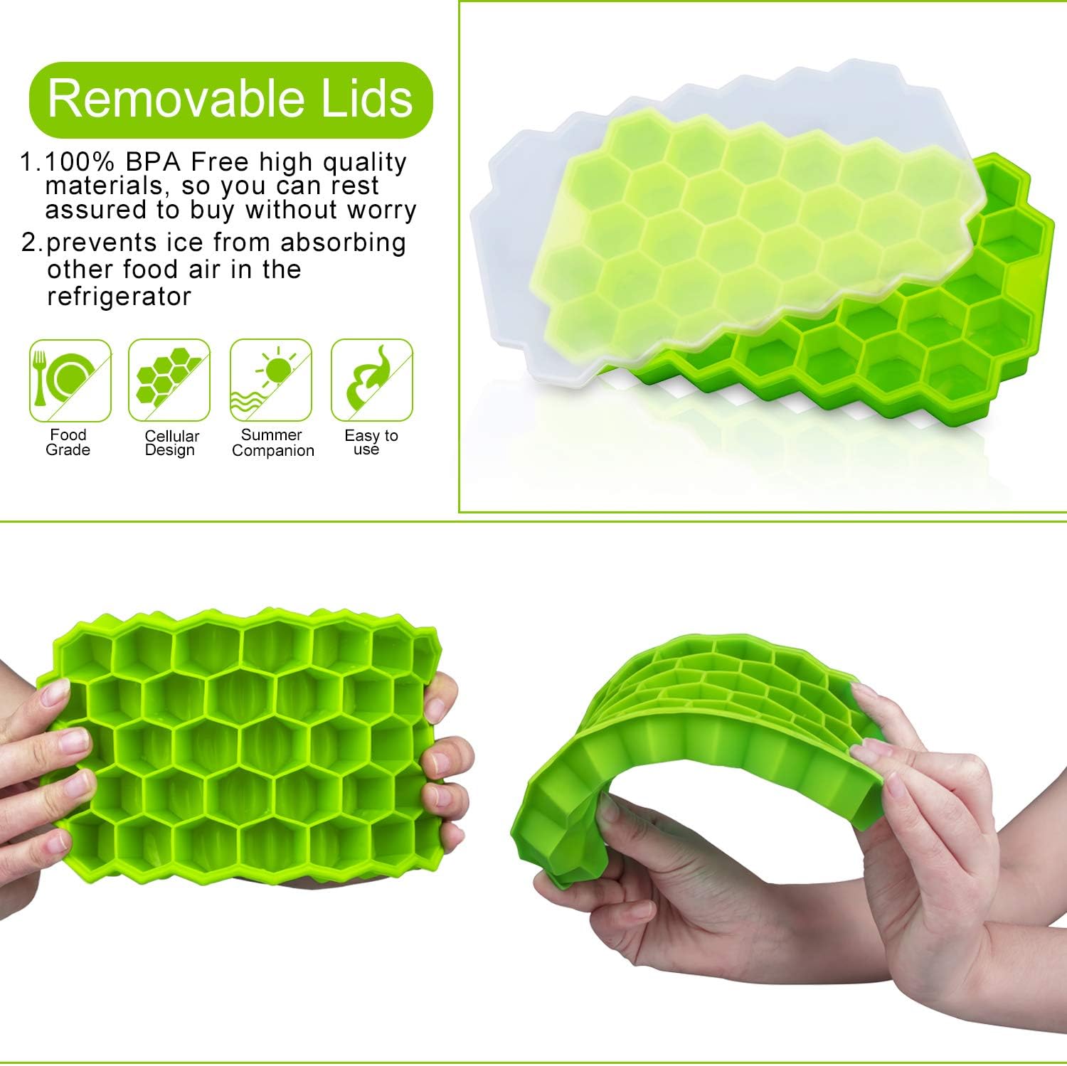Ice Cube Trays, WETONG 2 Pack Silicone Ice Cube Molds with Lid Flexible 74-Ice Trays BPA Free, for Whiskey, Cocktail, Stackable Flexible Safe Ice Cube Molds: Kitchen & Dining