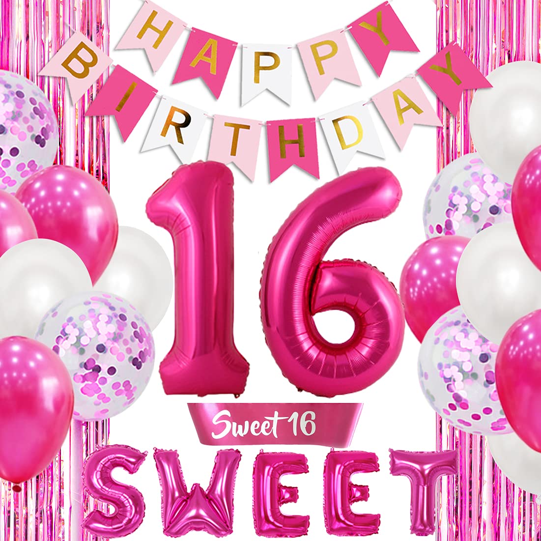 Kreatwow 16th Birthday Party Decorations Hot Pink Sweet 16 Ballon Banner Number 16 Balloons Happy Birthday Banner Fringe Curtain Sash for 16th Bday Decorations Pink