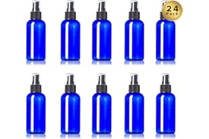 BOTTLES N BAGS 24 Empty Plastic Mist Spray Bottles- PET Boston Round Squeeze Containers with Misters for Home & Beauty Products ● BPA-Free ● 24 Pc Value Pack (4 oz, Cobalt Blue)
