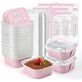 Ruckae 10oz 100 Pcs Square Mini Loaf Pans with Lids-Disposable Foil Dessert Containers,Mini Cake Pans with Lids,Aluminum Dessert Cups for Parties and Weddings (Pink, 10oz)