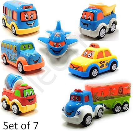 MIC Toys for Kids Set of 7 Unbreakable Friction Powered and Pull Back Automobile Car Plane Truck Taxi, Friction Power Unbreakable Material