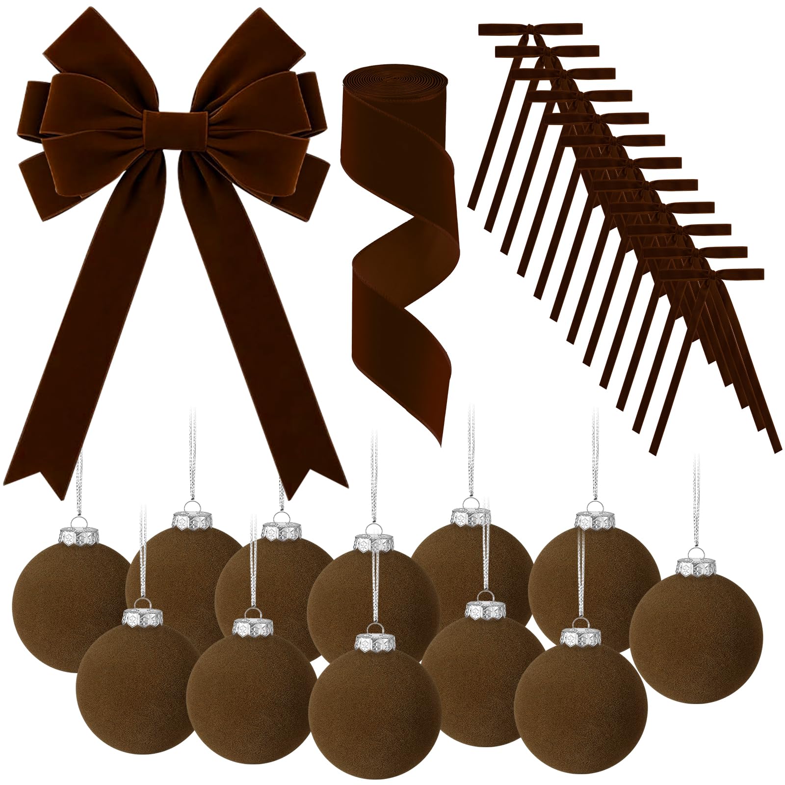 Photo 1 of 26 PCS Christmas Velvet Ornaments Decor Kit - Tree Toppers Bow, Ribbon, 12 Flocked Christmas Balls & 12 Vintage Bows for Brown Holiday Xmas Tree Decorations (Brown)