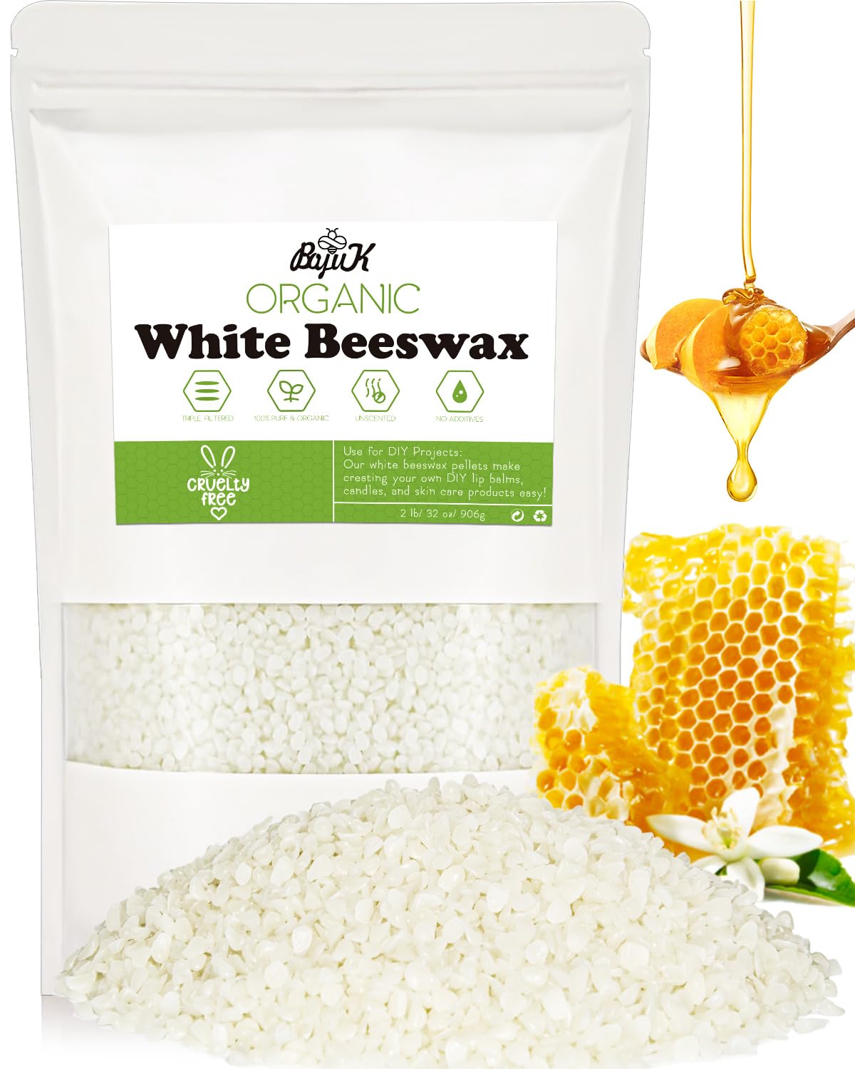 White Beeswax Pellets, Beeswax for Candle Making, Beeswax Pellets Cosmetic Grade Eco Friendly Products, Organic Beeswax for Body, Skin Care DIY, Lip Balm and Soap Making Supplies (906g, White)