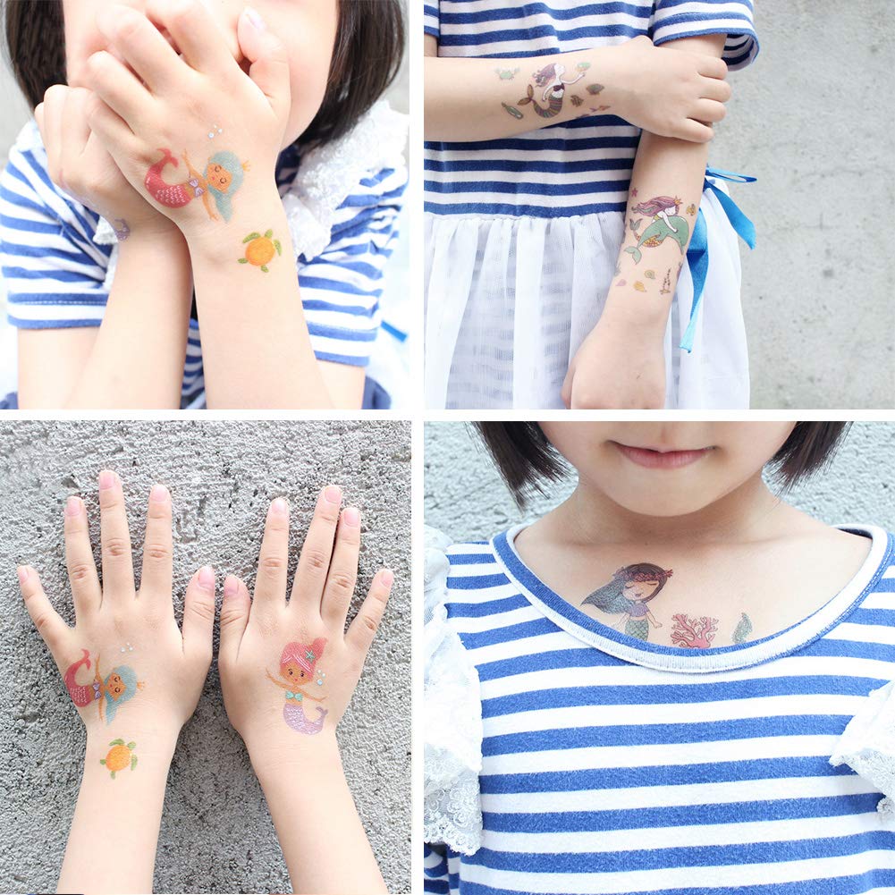 Vindyeer Mermaid Temporary Tattoos for Kids Birthday Party, 300 Tattoos (Pack of 16 Sheets) Waterproof Mermaid Scale Temporary Tattoos, Under the Sea/Mermaid Party Supplies Great Children Party Favors