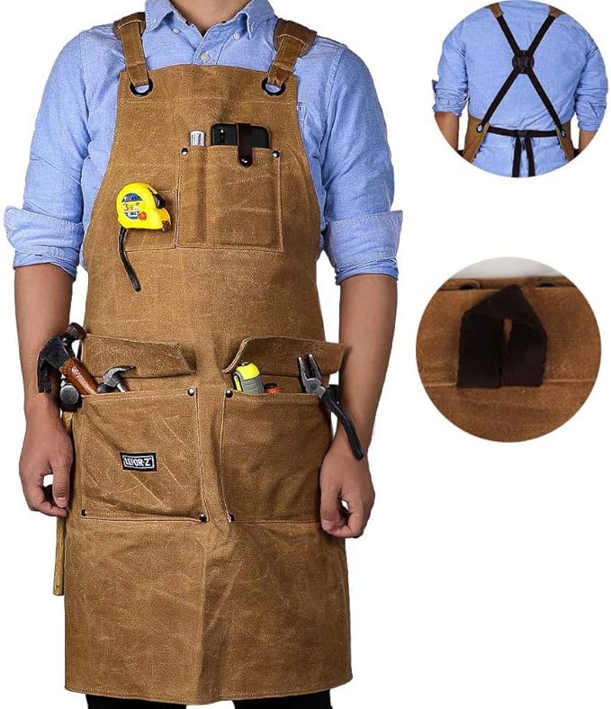 Wood Working Apron,16 OZ Waxed Canvas Tool Apron for Men & Women, Shop Apron with CrossBack