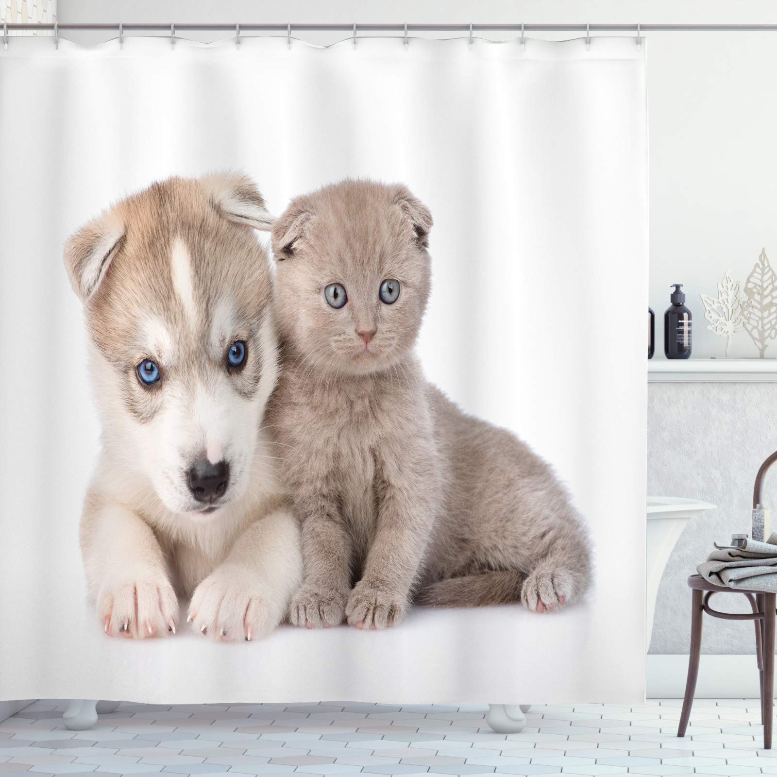 ABAKUHAUS Dog and Cat Shower Curtain, Adorable Scottish Kitten Siberian Puppy, Cloth Fabric Bathroom Decor Set with Hooks, 94" Inches, White Warm Taupe