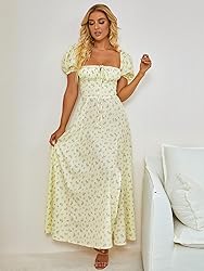 Women's Summer Puff Sleeve Floral Print Split Maxi