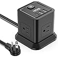 Power Strip with USB, FDTEK Flat Plug Extension Cord with 4 AC and 3 USB, 5 FT Power Cord Desktop Charging Station, Overload Protection, Compact Portable for Travel Home Office Cruise Ship - Black