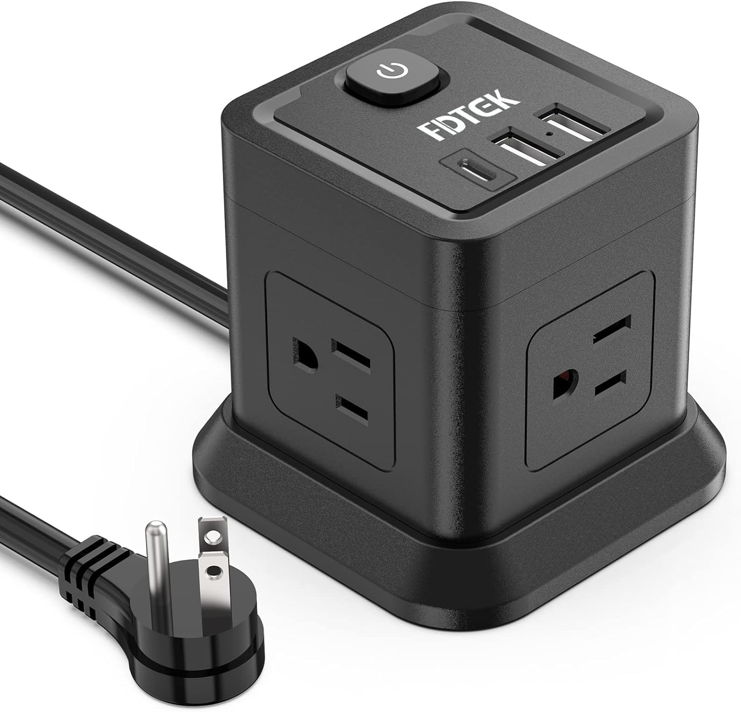 FDTEK Power Strip USB C, 4 Outlets 3 USB Ports 5 FT Extension Cord Black