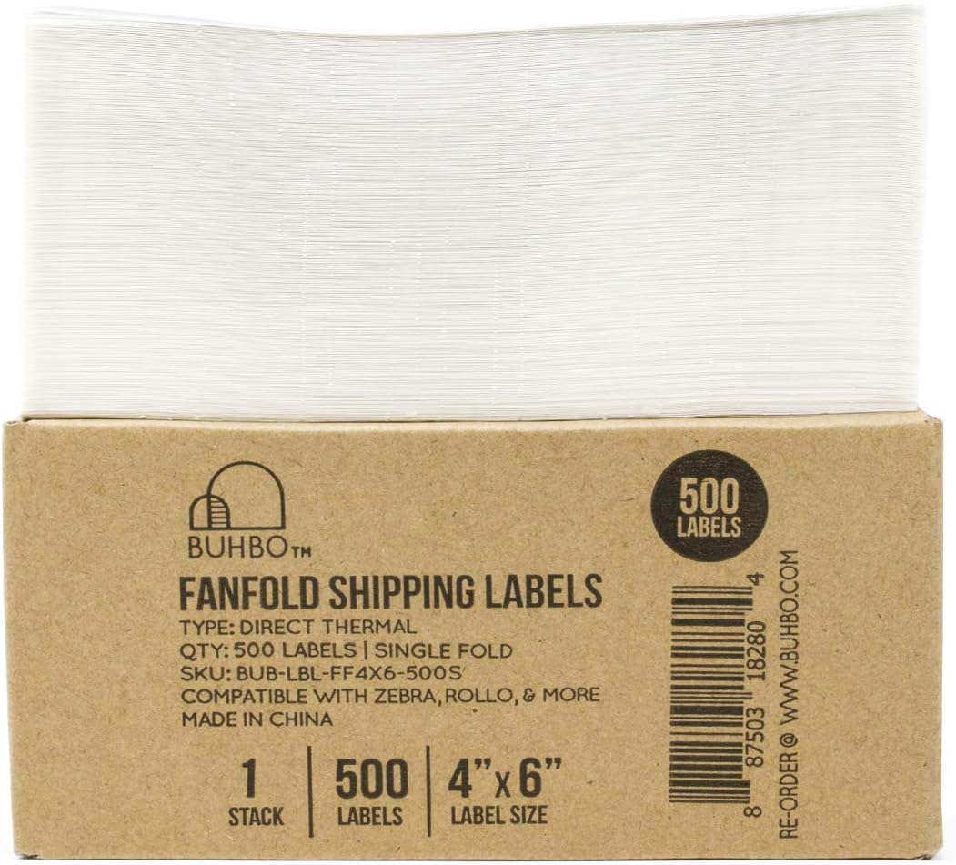 Buhbo 4" x 6" Direct Thermal Shipping Label (500 Fanfold Labels) - Rollo Compatible : Office Products