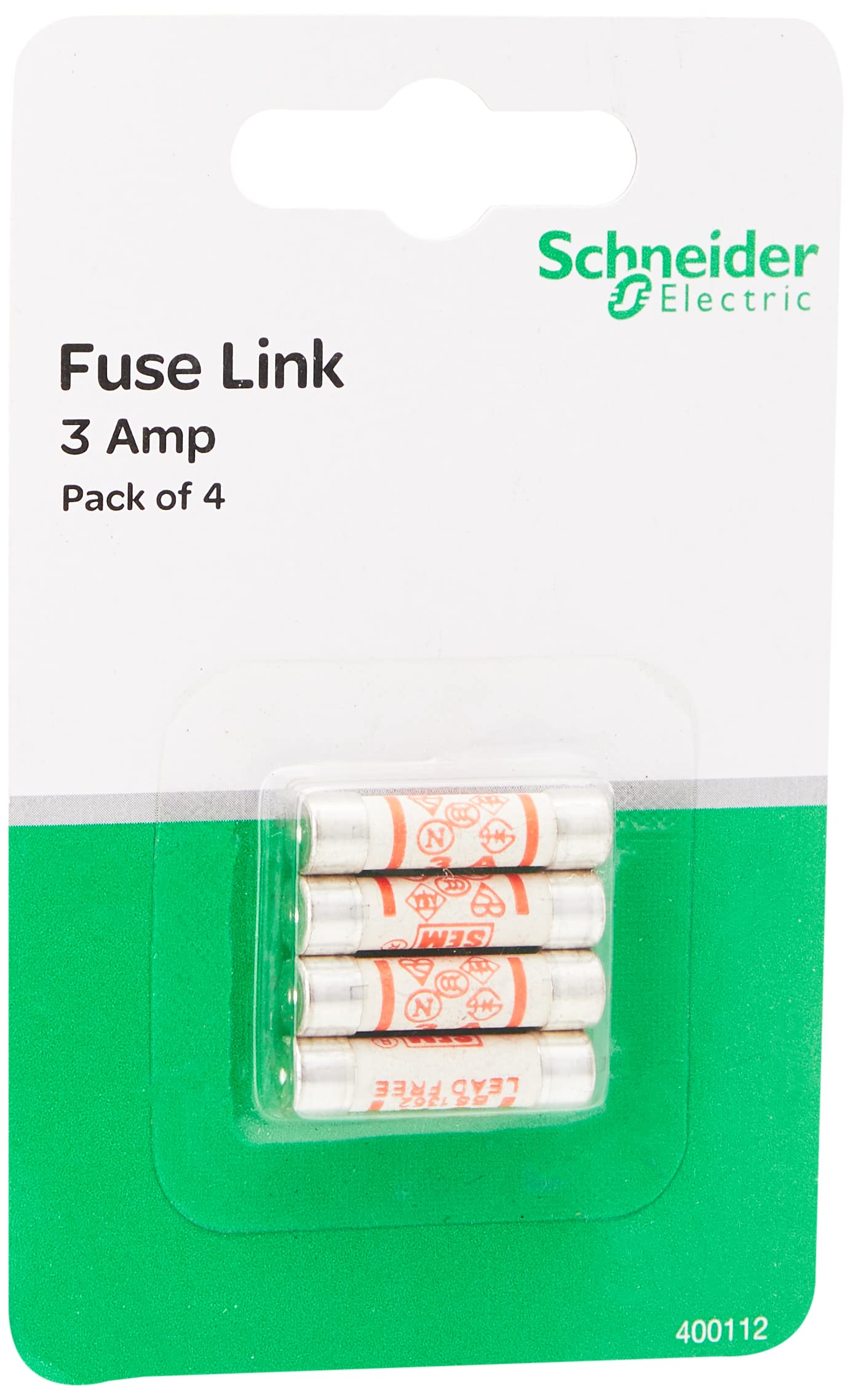Schneider Electric Exclusive - Fuse Cartridge, 3A, 3Amp, Fuses Assorted, Mains Household UK, Red, 400112, Pack of 4