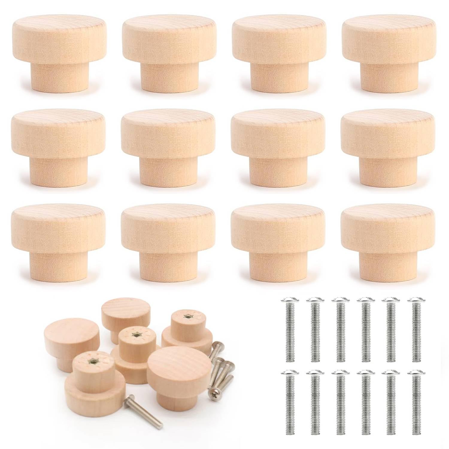 Uskerb Eco-Friendly Wooden Drawer Knobs - 12 Pcs Set with Screws, Round Handcrafted Cabinet Pulls for Home Decor