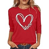 PICKID Valentines Shirts for Women Cute Love Heart Graphic T-Shirt 3/4 Sleeve Valentine's Gift Tees