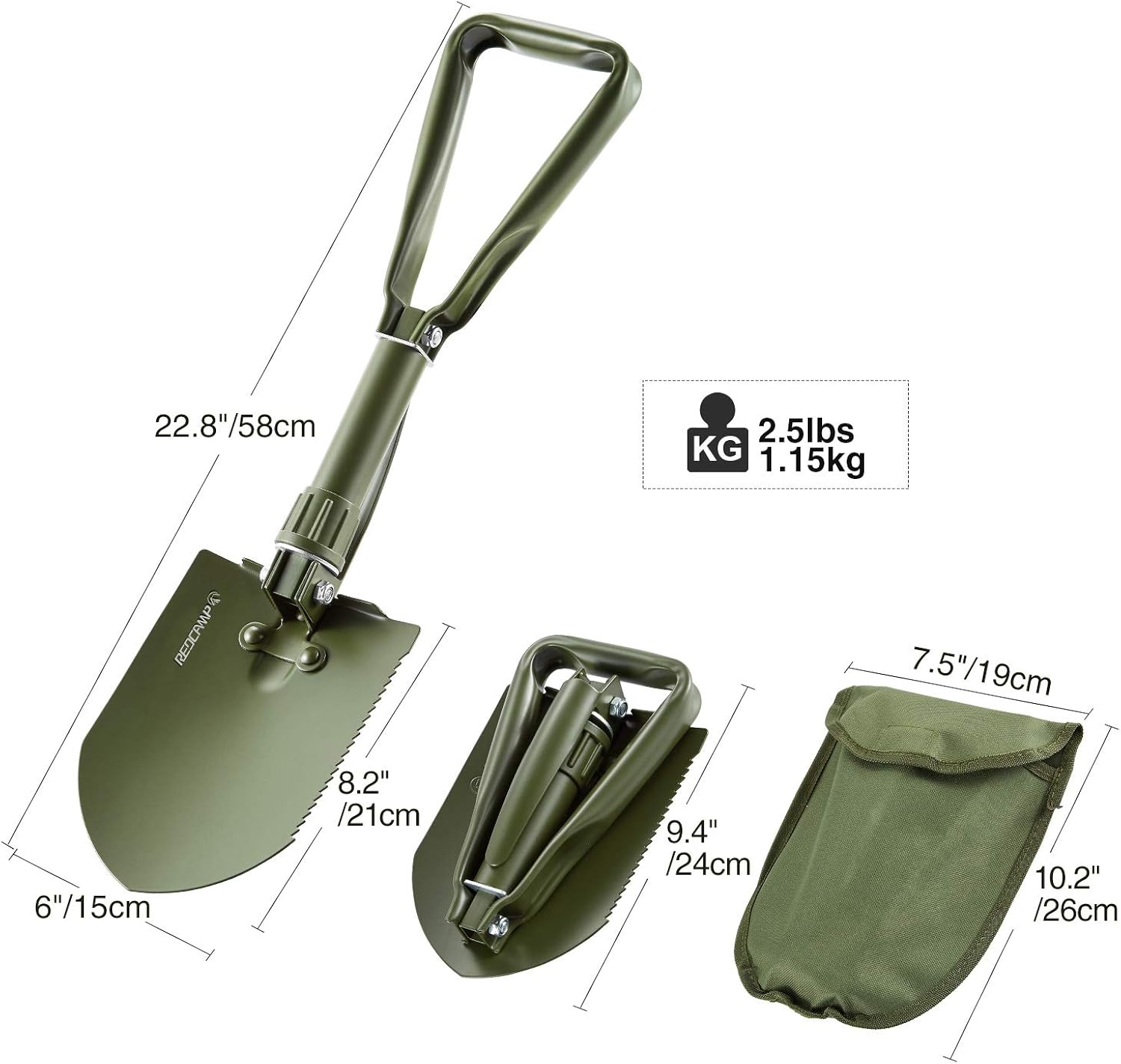 REDCAMP Military Folding Camping Shovel，High Carbon Steel Entrenching Tool Tri-fold Handle Shovel with Cover，Green 2.5lbs : Garden & Outdoor
