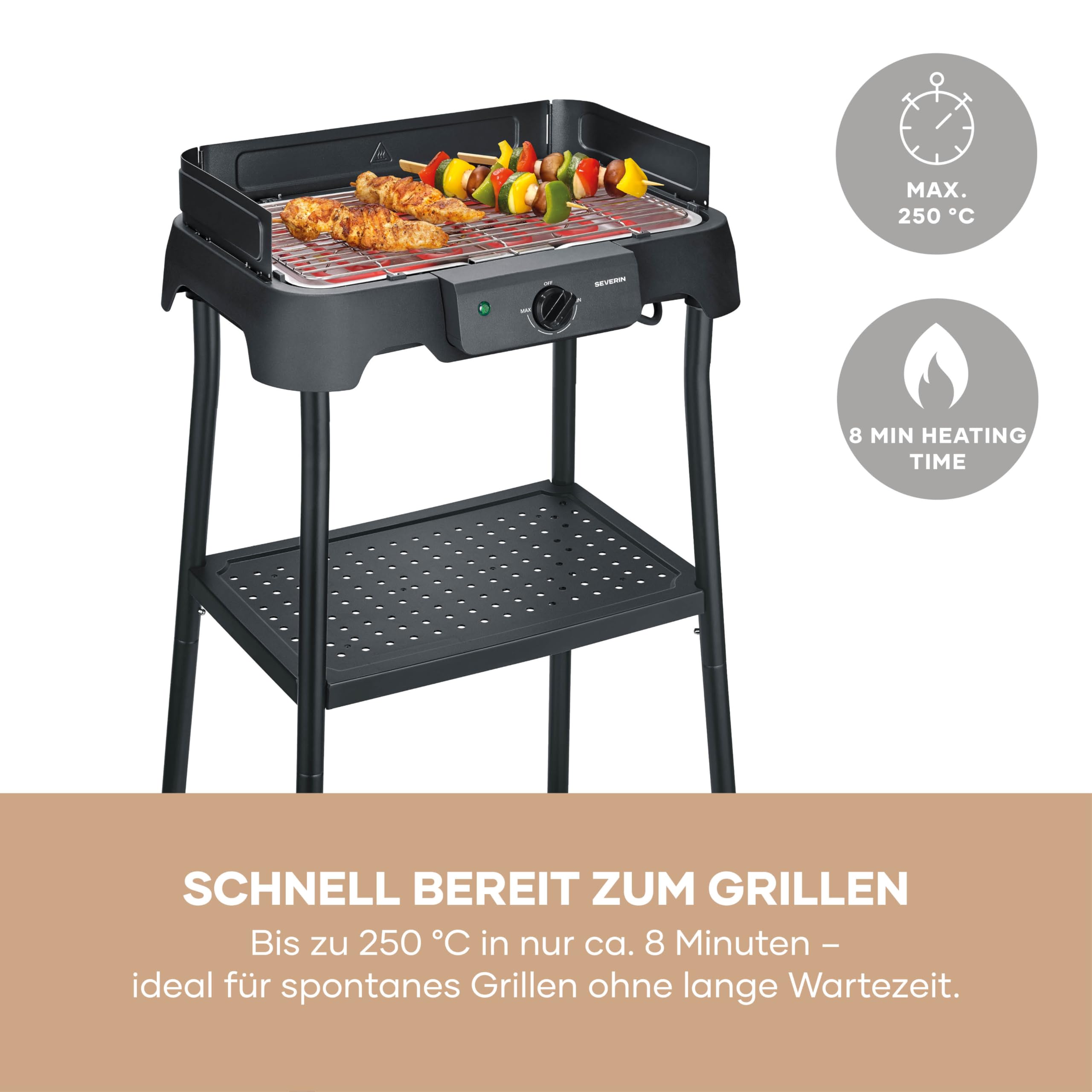 Elektrogrill mit Standfuß, einstellbare Temperatur 35-200 Grad Celsius, schnelles Aufheizen, 38x22cm, Tischgrill mit Auffangschale, Edelstahl-Grillrost, Balkongrill, 2000W, schwarz, PG 8594