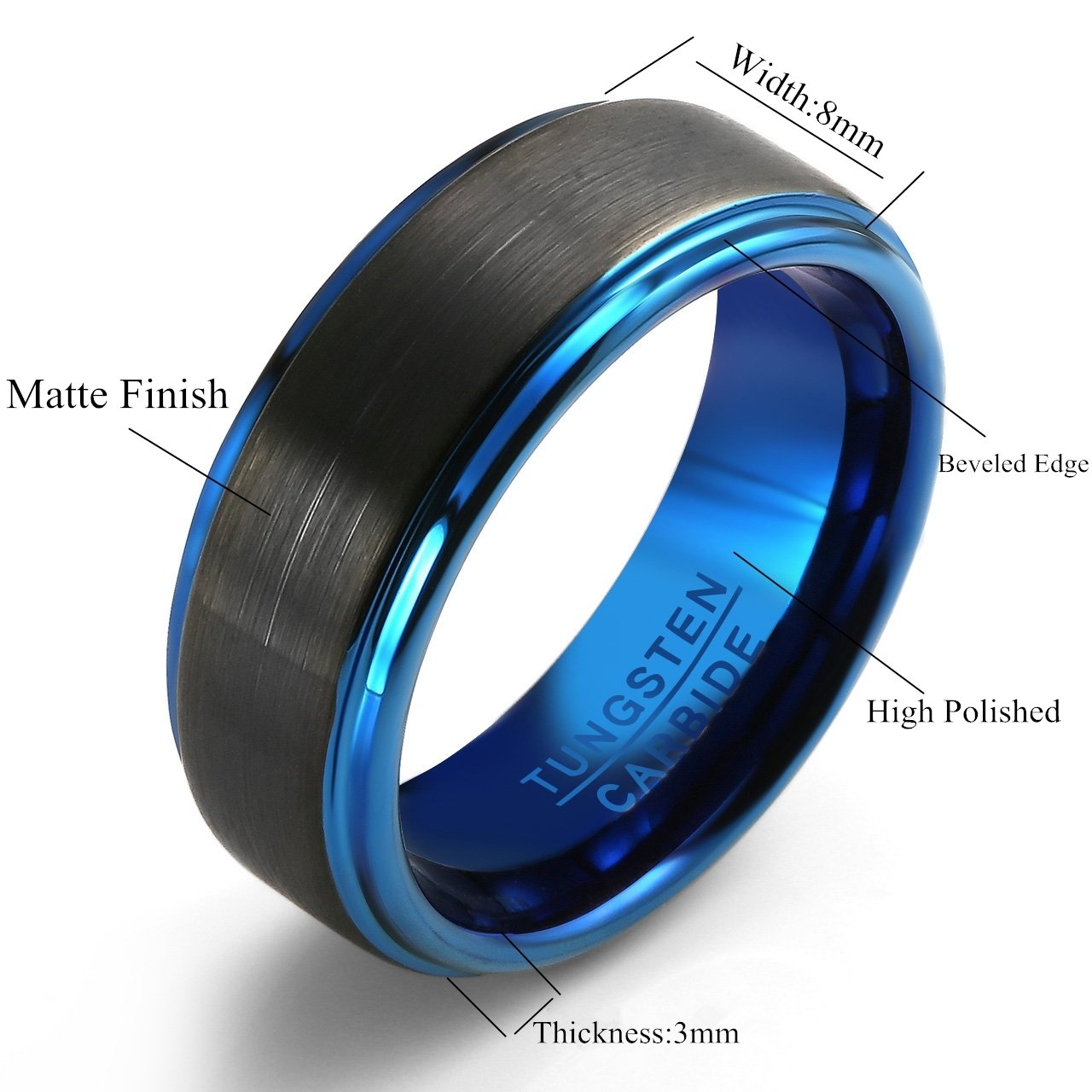 Zysta Polished Blue Matte Black Two Tone Polished Elegant Tungsten Carbide Ring 8mm Men Wedding Engagement Size 10
