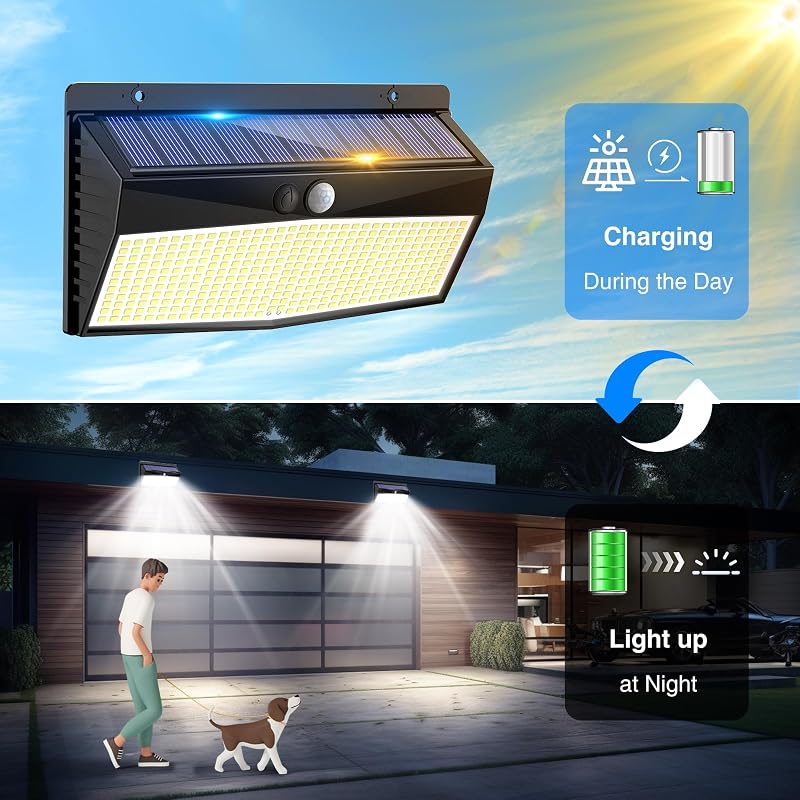 Luz Solar LED Exterior Jardin 368LED Luces Solares con Sensor de Movimiento, IP65 Impermeable Focos LED Exterior Solares, Superbrillante Lamparas Solares-2 Paquete