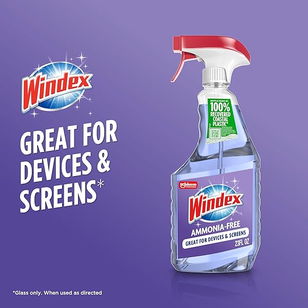 WINDEX GLASS AND WINDOW CLEANER SPRAY BOTTLE, AMMONIA FREE, PACKAGING DESIGNED TO PREVENT LEAKAGE AND BREAKING, SURFACE CLEANING SPRAY, CRYSTAL RAIN SCENT, 23 FL OZ