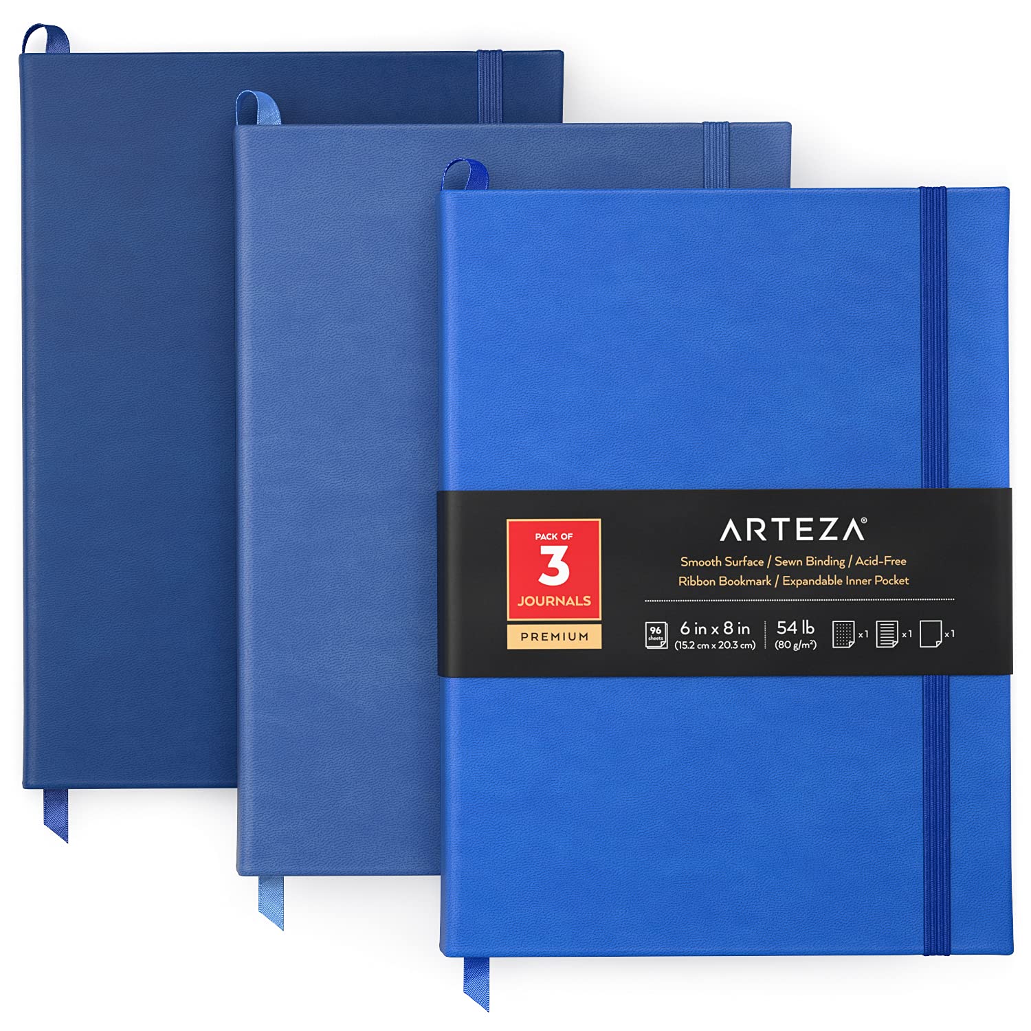 ARTEZA Hardback Notebook 3-Pack, 15.2 x 20.3 cm, 96 Sheets, 1 Lined, 1 Blank, & 1 Dotted Journal, Cobalt Blue, Med Blue, and Navy, with 80-gsm Smooth Writing Paper for Bullet Journaling & Note Taking