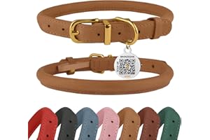 BRONZEDOG Rolled Leather Dog Collar with QR ID Tag Adjustable Soft Round Collars for Small Medium Large Dogs Puppy Cat (9" - 11" Neck Size, Light Brown)