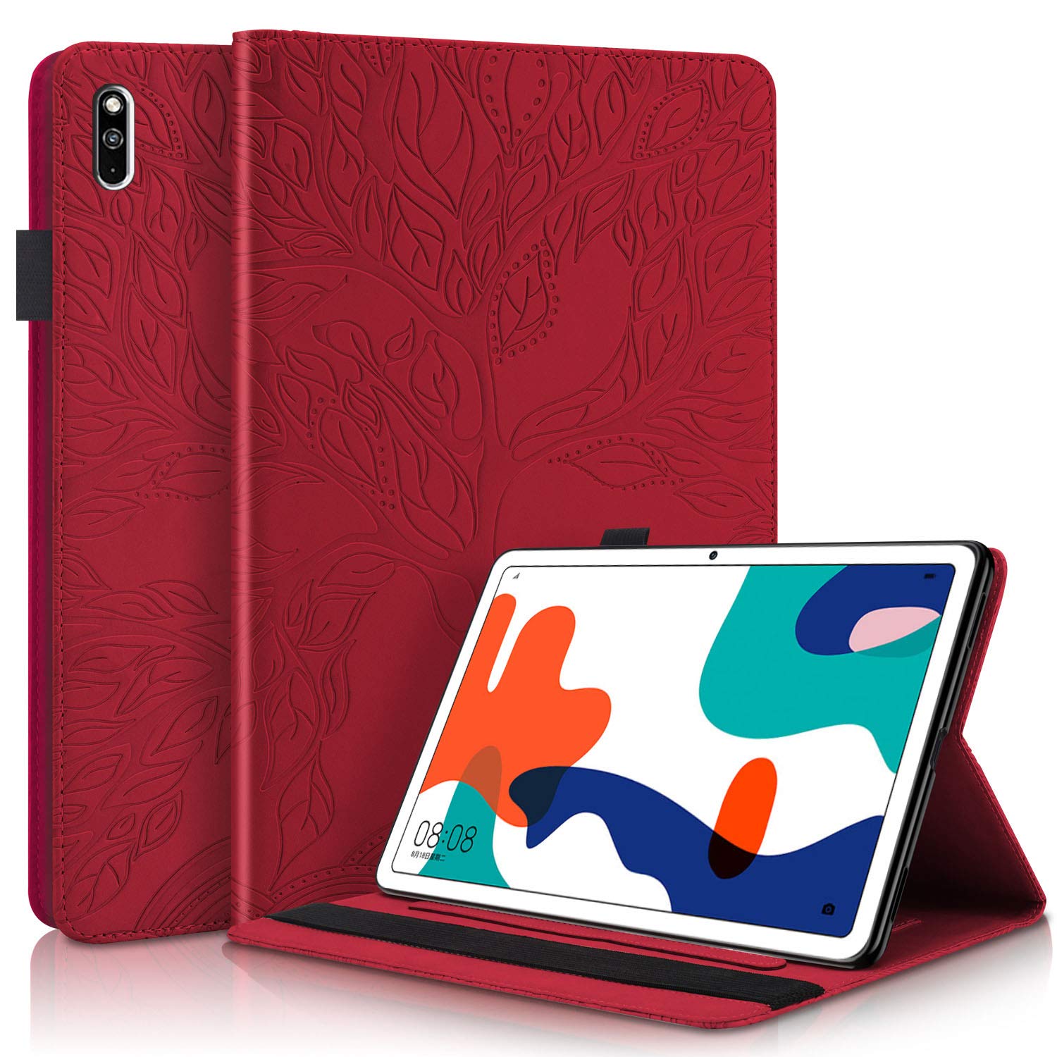 Aswant Huawei MatePad 10.4" Case PU Leder Wallet Cover BookStyle Flip Cover Stand Function Card Slot and Pen Holder Tablet Case For Huawei MatePad 10.4 Inch 2020-3D Embossed Tree Red
