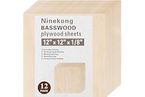 NINEKONG 12 Pack Basswood Sheets 1/8 inch,12"x12"x1/8" Plywood Sheets,3mm Basswood for Laser Cutting,Laser Engraving Blanks,Thin Natural Unfinished Wood for Crafts,Wood Burning,Scroll Saw Cutting