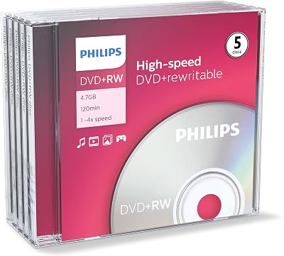 Philips DVD+RW Blank Discs 4.7GB 120min 4X Speed Pack of 5 DW 4 S 4 J 05 F/10