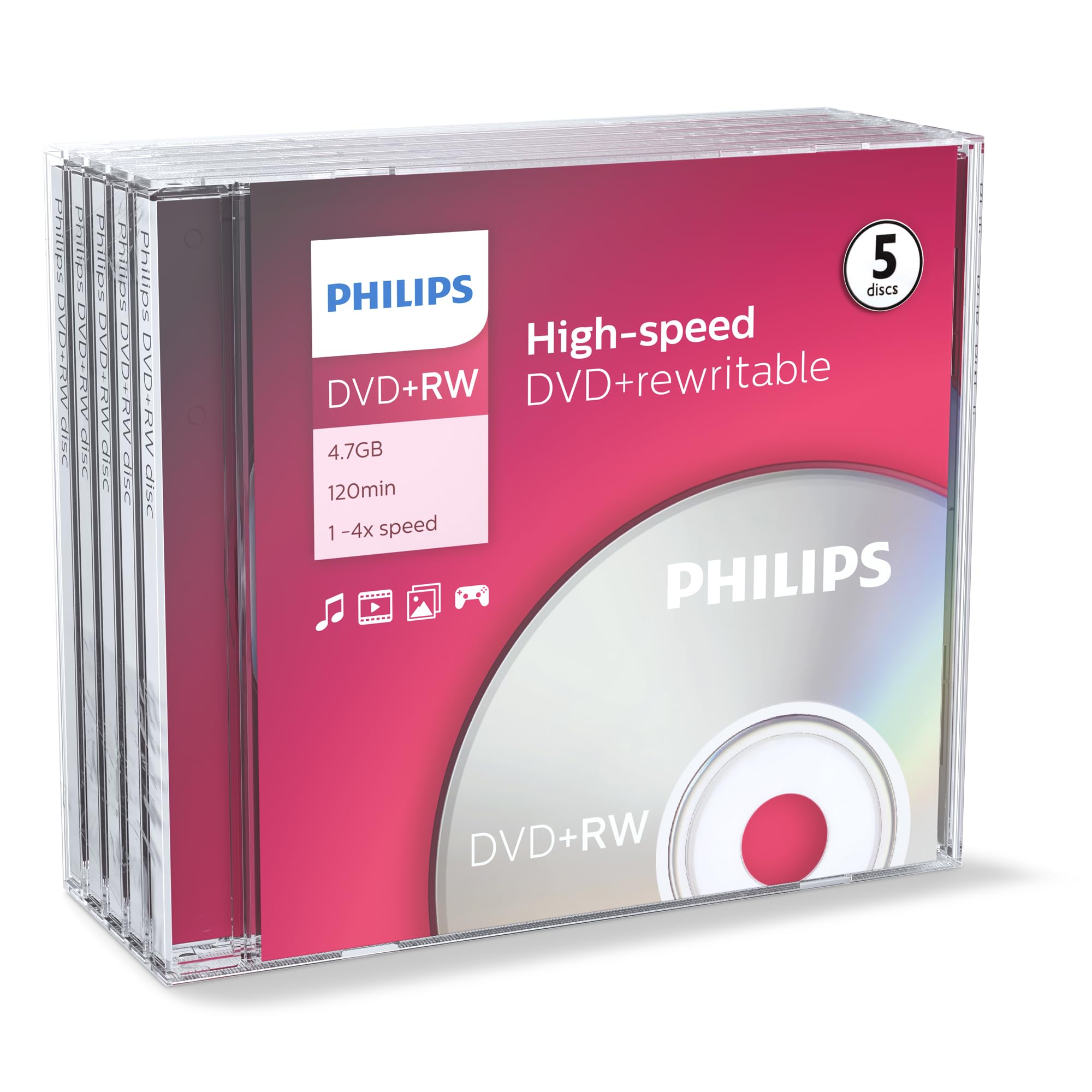Philips DW 4 S 4 J 05 F/10 DVD+RW Blanks (4.7 GB Data/120 min Video, 4X High-Speed Recording, Pack of 5)
