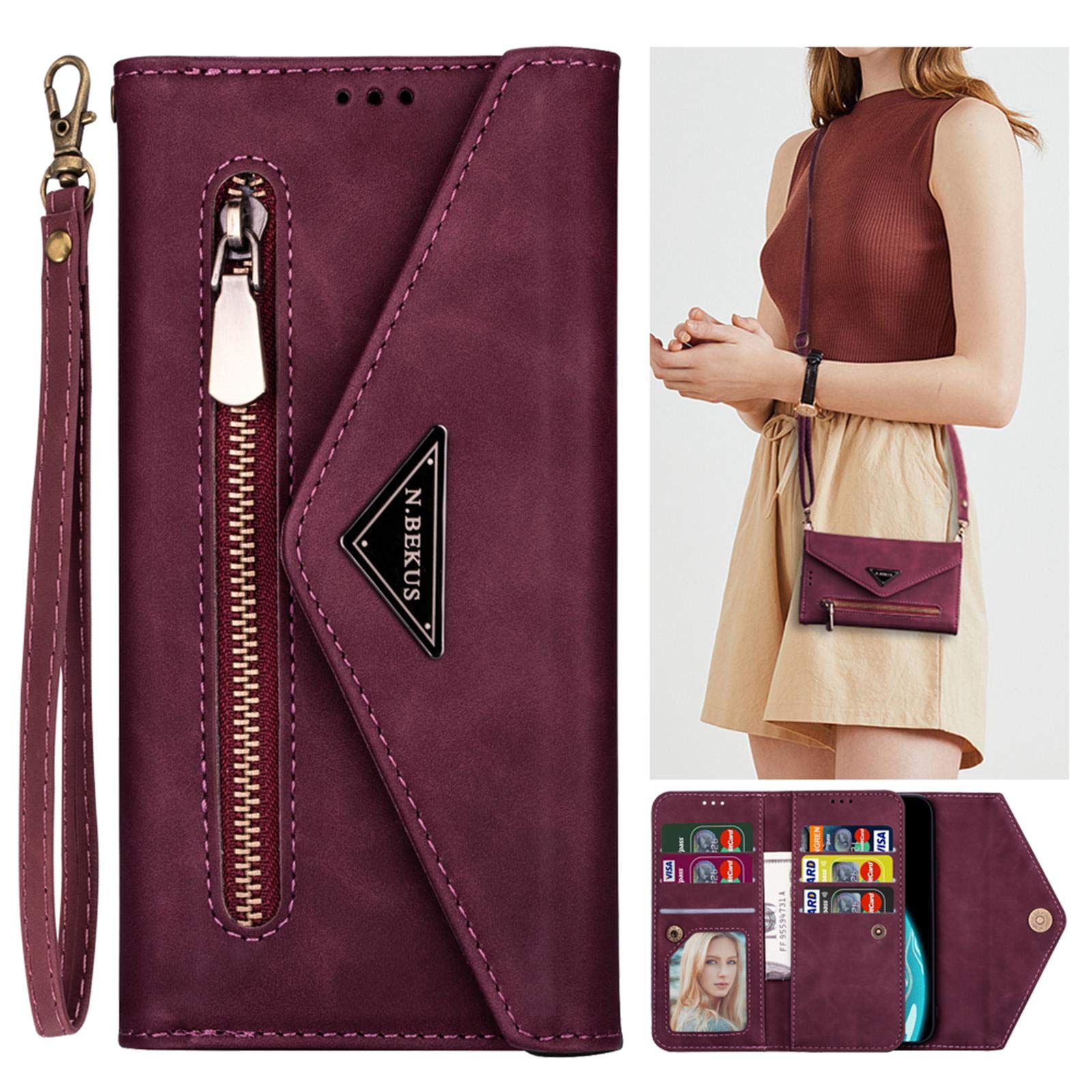 Samsung Galaxy A30 Wallet Case Women Men Gift Zipper Wallet Purse Leather Flip Folio Case with Card Holder Coin Pouch Shoulder Strap Galaxy A30 Crossbody Phone Purse Shockproof Folding Cover Red