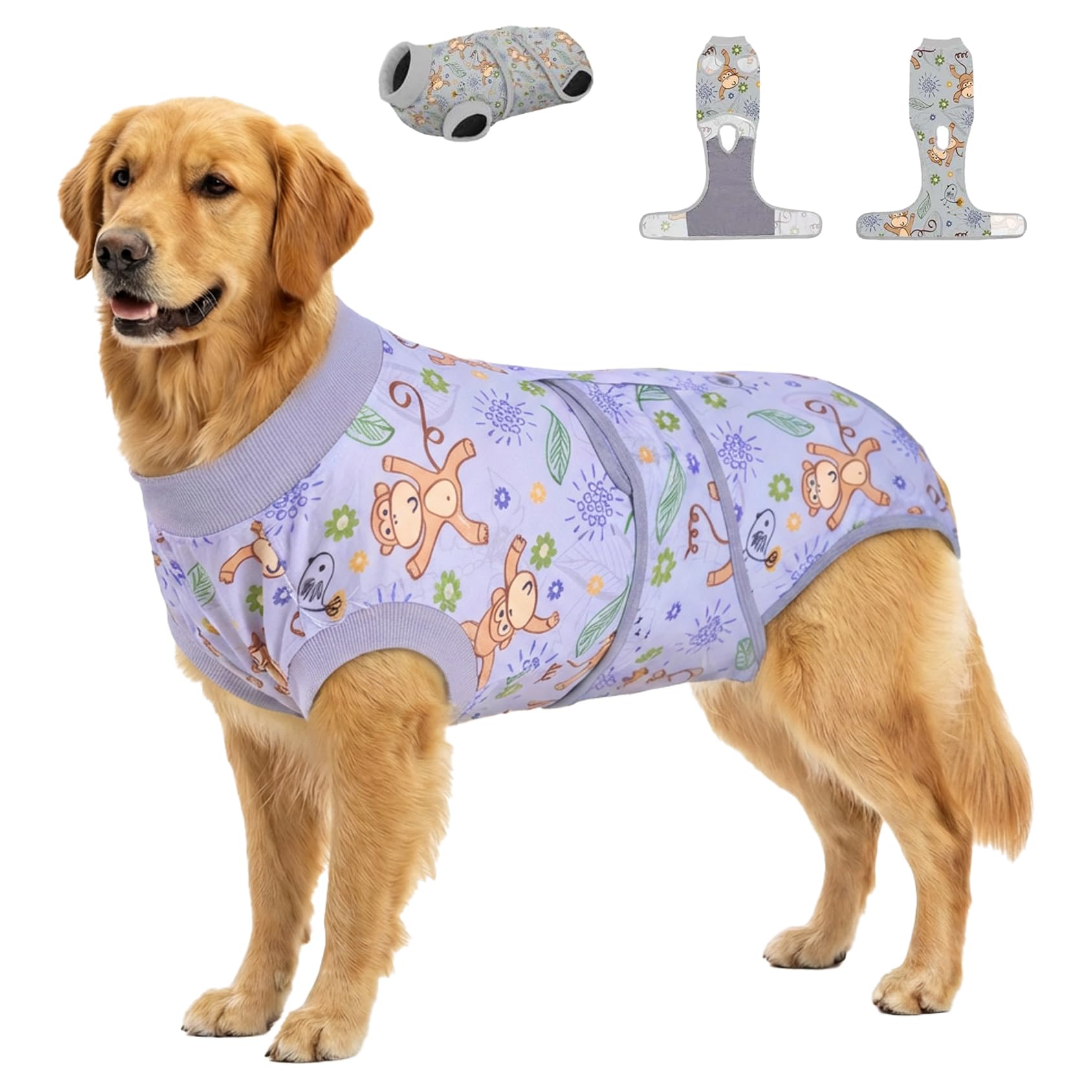 PetWarm Recovery Suit for Dogs, Dog Surgical Recovery Suit Female and Male, Onesie for Dogs After Surgery, Anti-Licking Dog Bodysuit Soft, Monkey Pattern, Grey, 2XL