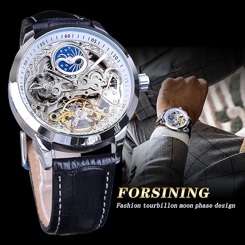 FORSINING Men's Skeleton Moon Phase Watch Mechanical Self-Wind