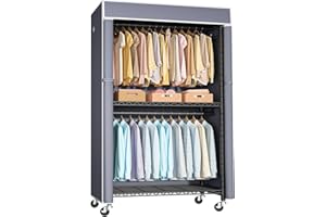 FUTASSI Black Clothing Rack with Grey Cover, P1C Rolling Closets with Wheels, Metal Garment Rack for Hanging Clothes, Clothing Storage Wardrobe, 36.2" W x 16.5" D x 80.5" H, Load 450 Pounds
