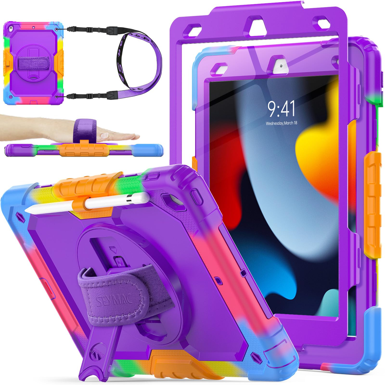 Photo 1 of ***VERY USED*** SEYMAC stock Case for iPad 9th/ 8th/ 7th Generation 10.2'', Shockproof with Screen Protector, Pencil Holder [360° Rotating Hand Strap] & Stand, for iPad 10.2 inch 2021-2019 (Purple+Colorful)