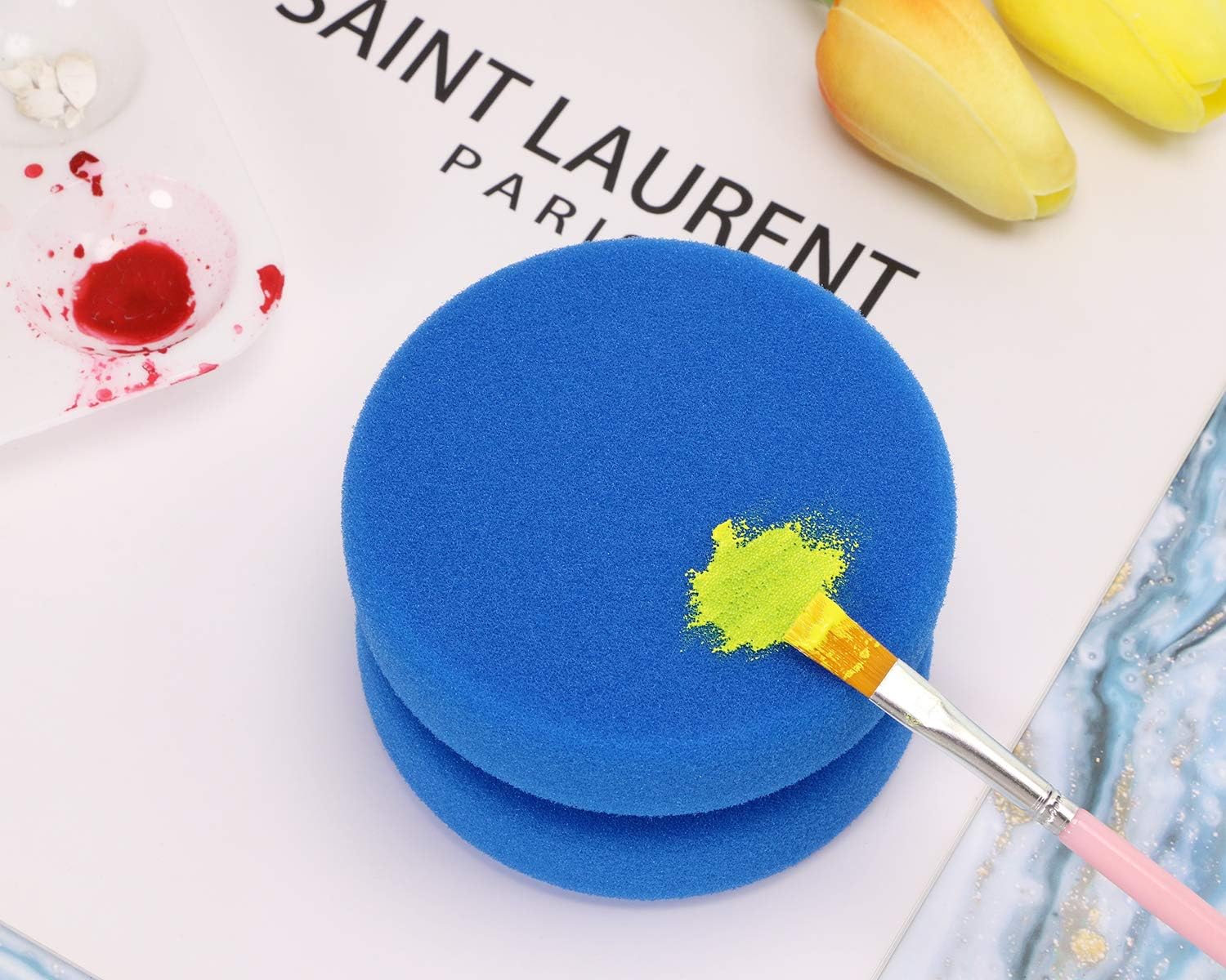 Paint Sponge Applicator PENTA ANGEL 2Pcs 3.1 Inch Double-Side Round Detail Sponge Painting Sponges for Acrylic Oil Watercolor Art Paint or Car Waxing Kitchen Cleaning (Blue)