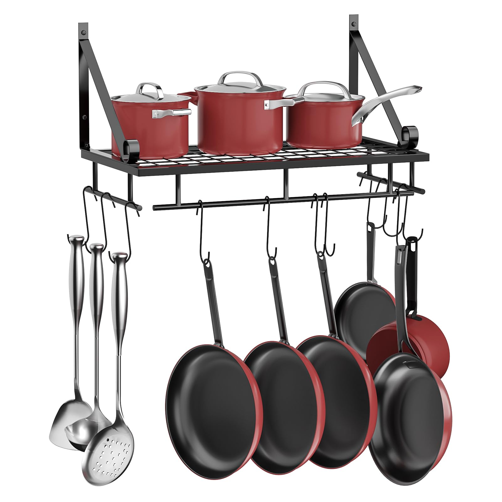 XEMQENER Wall Hanging Pan Pot Rack with 10pcs Removable Hooks, 45cm Wall Shelf with Towel Bar, Kitchen Bathroom Utensils Organizer, Hanging Shelving (45 * 24 * 25cm)