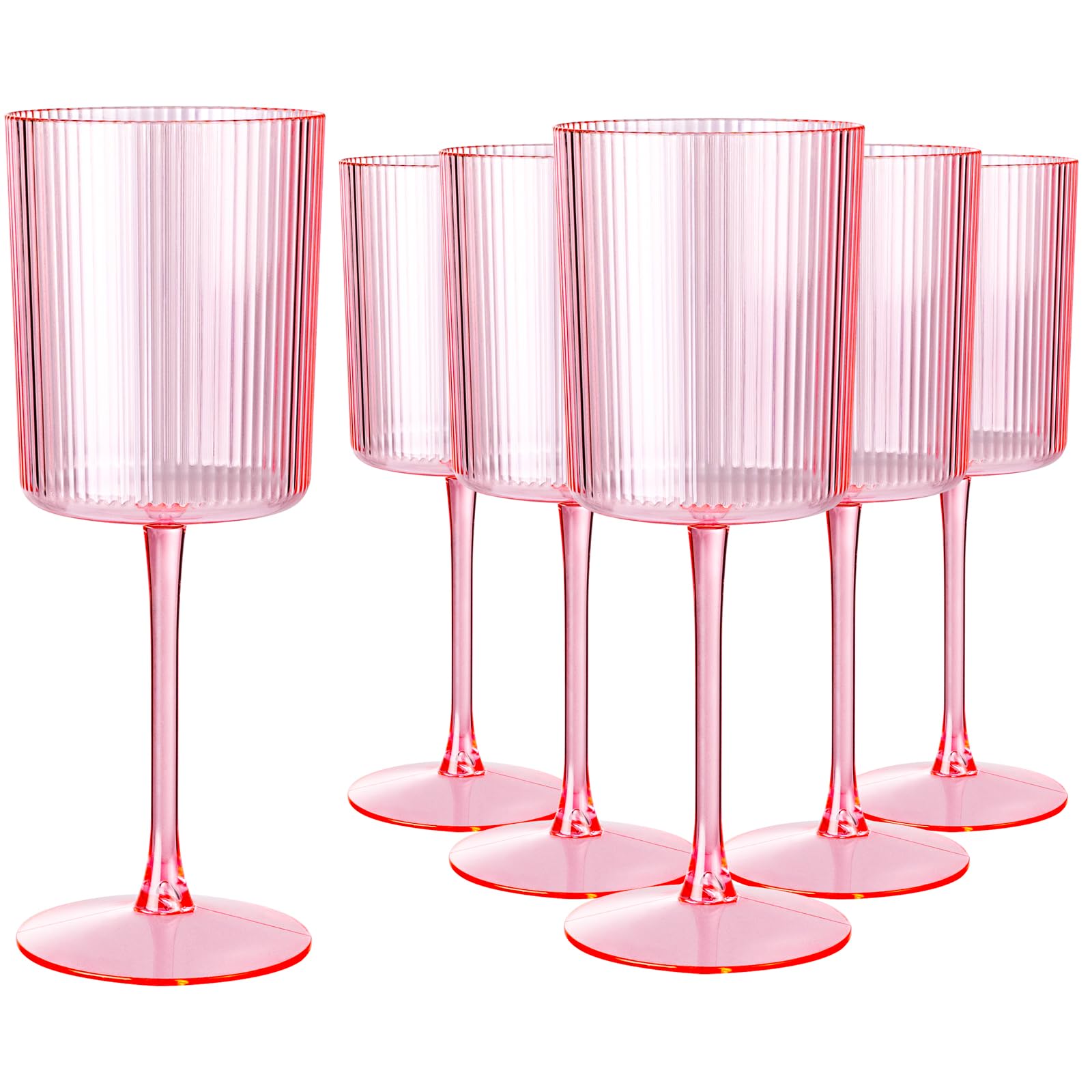 Photo 1 of Ciaell 12 PCS Pink Plastic Ribbed Wine Glasses - 10 OZ Plastic Square Wine Glasses with Stem - Disposable Champagne Cups for Parties & Weddings & Party