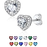Dainty Sterling Silver Birthstone Stud Earrings, Heart Crystal Stud Earring, Jan - Dec Birthday Gift for women/Come with Box