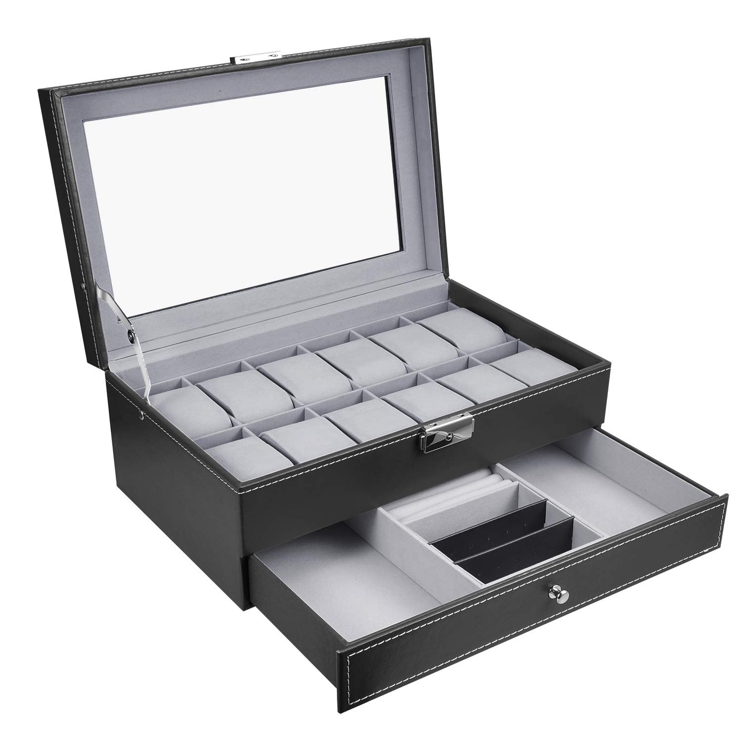 Photo 1 of Hossejoy Leather Watch Box 12 Mens Watch Organizer with Jewelry Display Drawer Lockable Watch Case Organizer, Black
