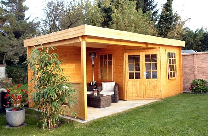 Carlsson Kate 40 Wooden Garden Shed With Flat Roof Log House For The Garden Solid Wood Garden Shed With Patio 2 Windows Amazon De Garten