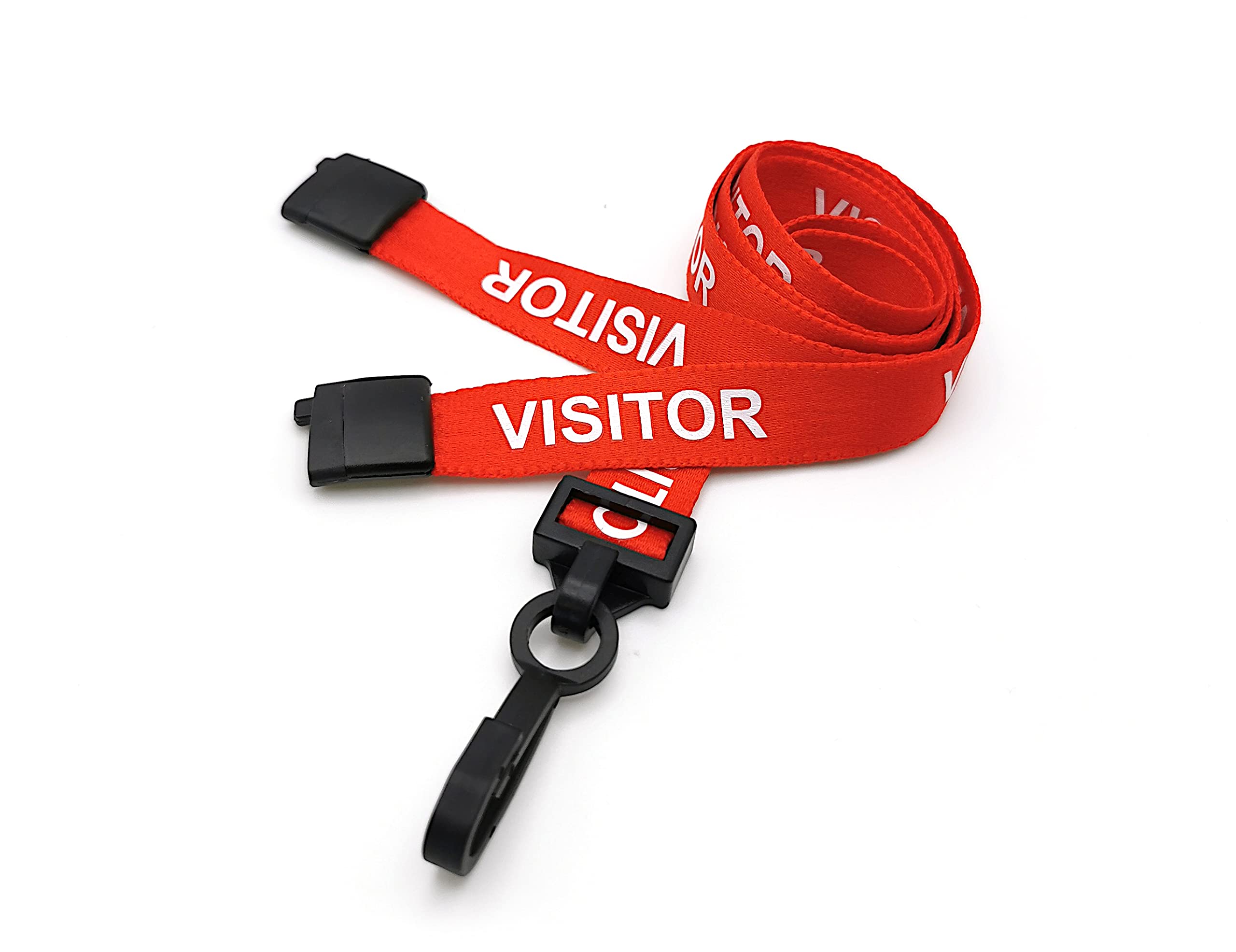 Red Visitor Lanyards for Visitor Passes with Safety Break and Plastic Clip - Pack of 100