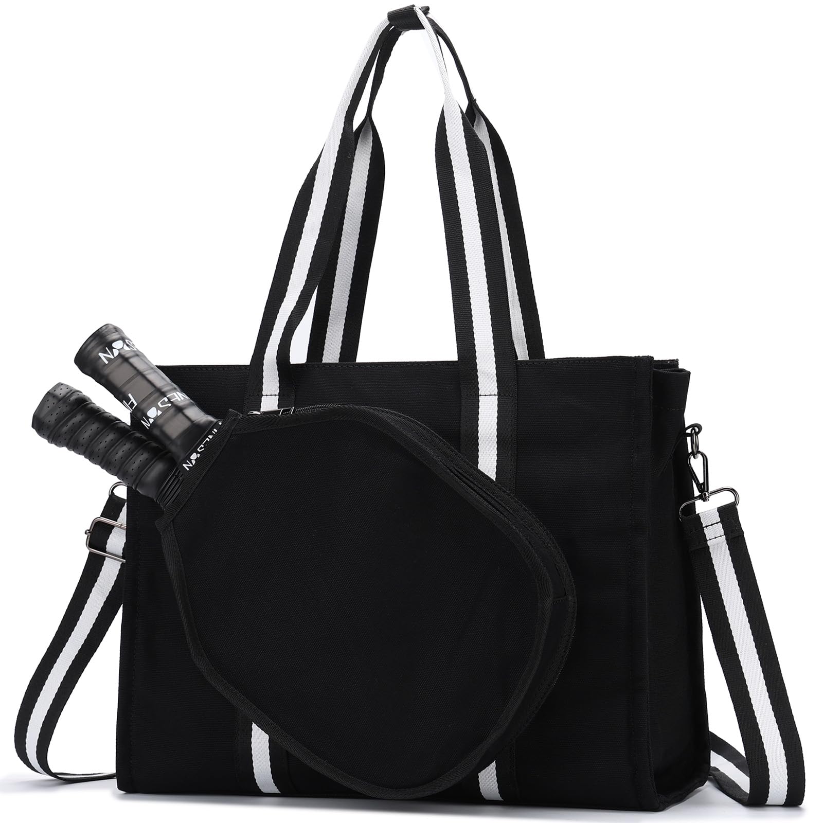 VASCHY Pickleball Canvas Tote Bag for Women/Men with Fence Hook, Pickleball Bag with Pickleball Paddles Holder Case Work/Gym/Sports Tote for 2 Rackets Black