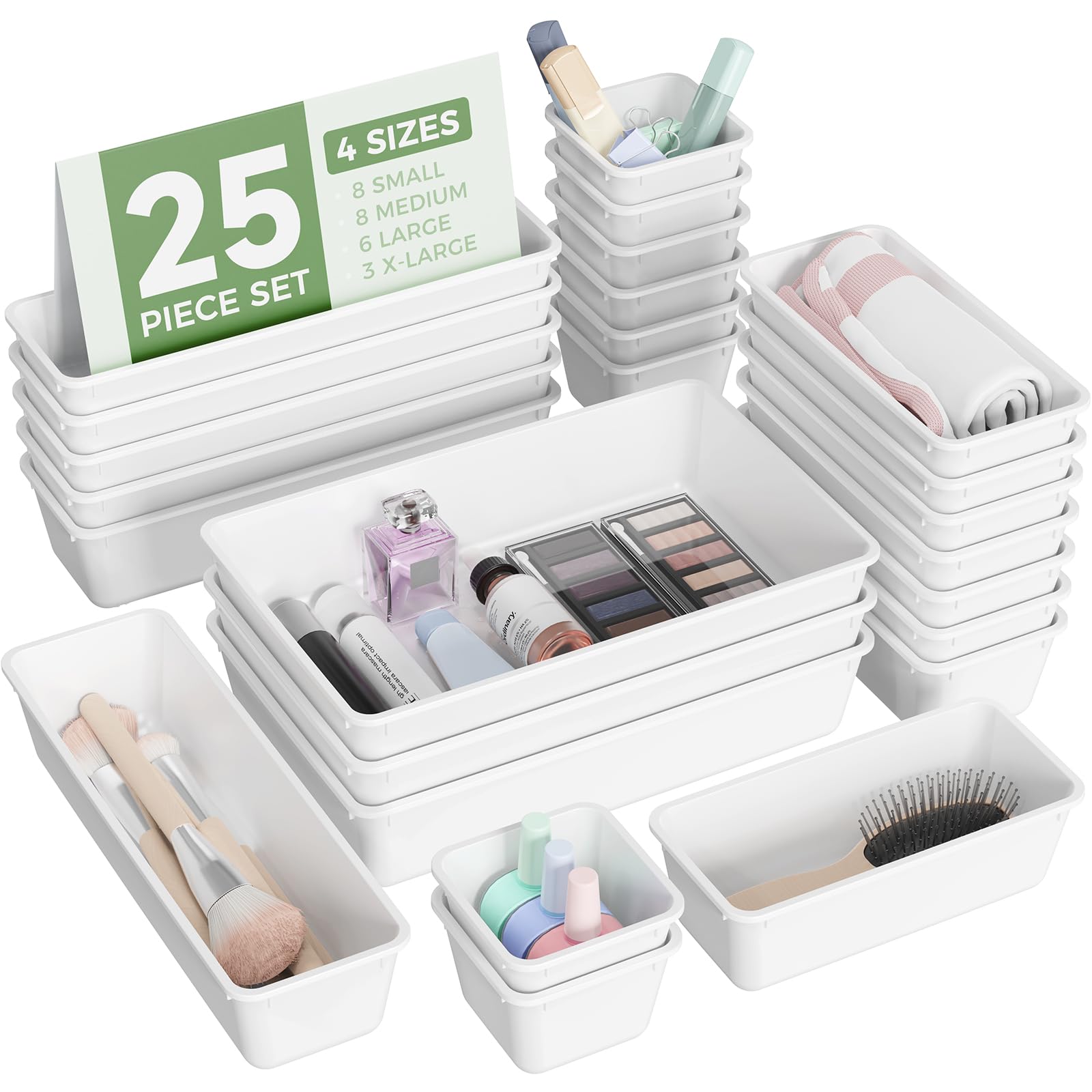 Photo 1 of BiuLeon 25 PCS Plastic Drawer Organizers Set, 4-Sizes Vanity and Makeup Organizer, Desk and bathroom Drawer Organizer Trays, Organizers and Storage for Makeup, Jewelry, Gadgets, Utensils (White)