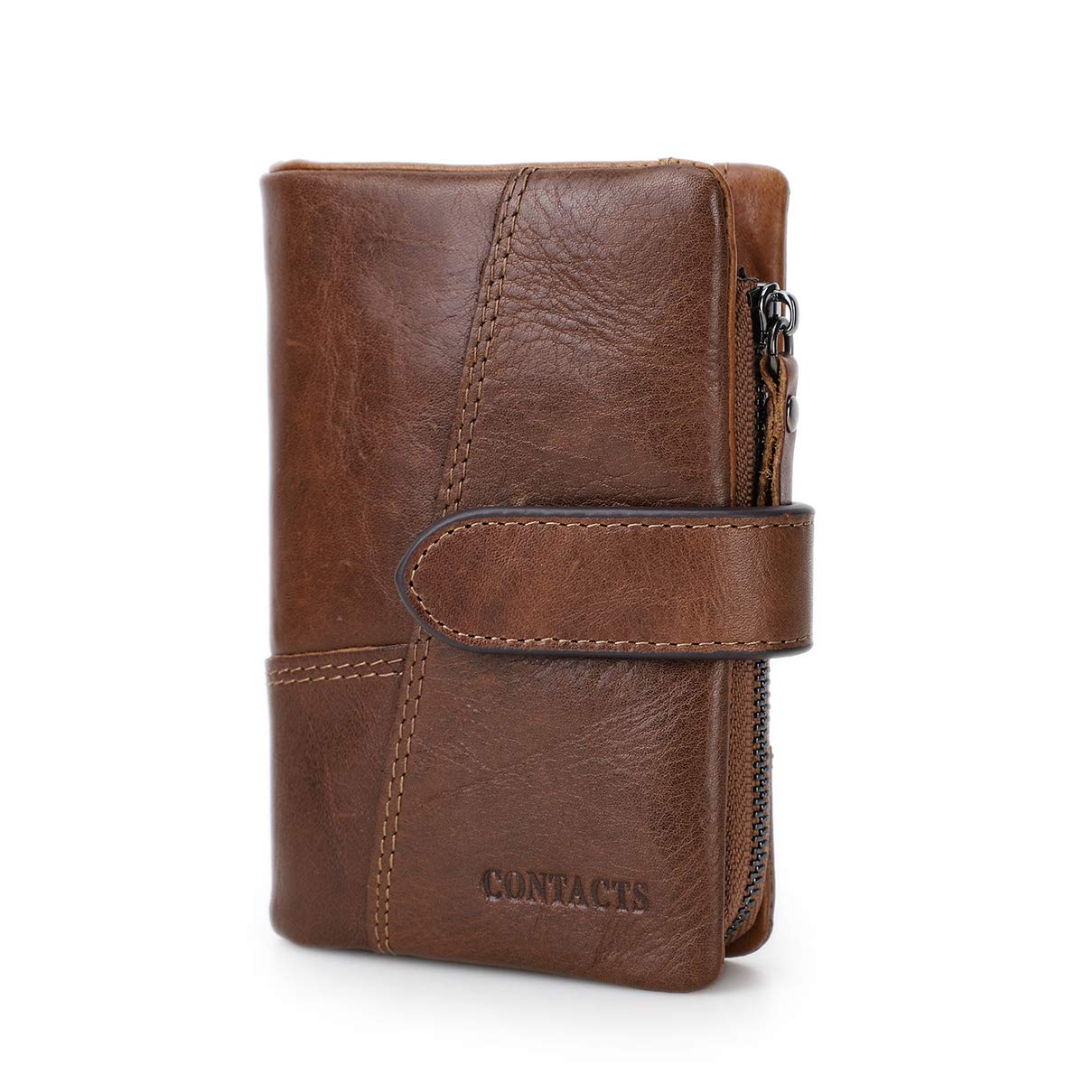 CONTACTS Mens Genuine Leather Trifold Wallet Card Holder Zipper Coin Bifold Short Purse Vintage (Coffee)