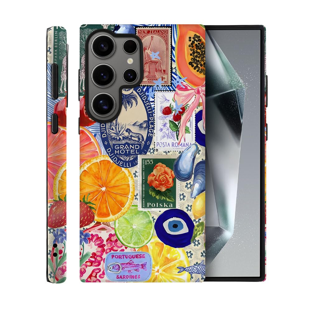 TnXee Case for Samsung Galaxy S24 Ultra,Bow European Summer Lemon Collage Phone Case Drop Resistant Frosted 2 in 1 Solid Dual-Layer Cover for Girl Women