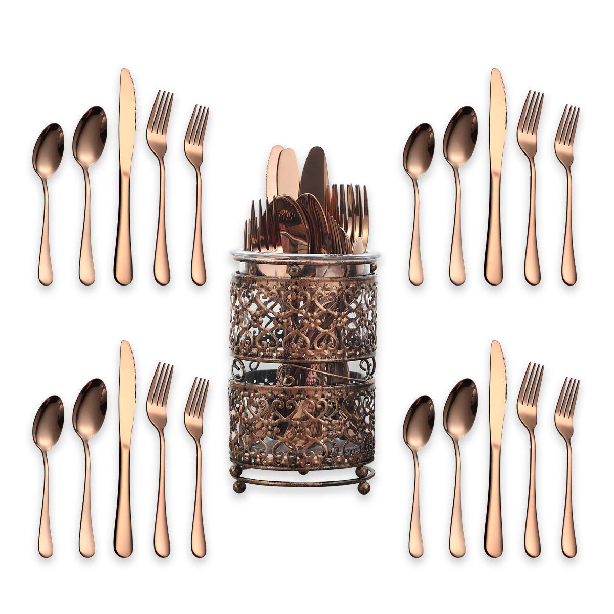 Berglander Stainless Steel Flatware Set 20 Piece With Titanium Rose Gold Plated, Copper Silverware Set Pack With A Metal Classic Copper Color Holder, Service For 4 (Shiny, Rose Gold)