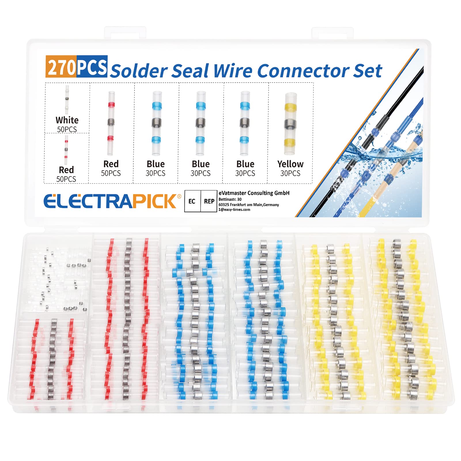Electrapick Solder Seal Wire Connectors, 270 Pcs Waterproof Solder Wire Connectors Heat Shrink Cable Sleeves