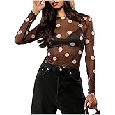 WDIRARA Women's Polka Dots Mesh Sheer Tops Long Sleeve See Through Tee Shirts Rave Clubwear