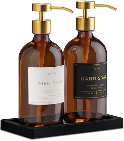 Lujo] Juego De Dispensador De Jabón De Cocina, Botella De Vidrio ámbar De 16 Onzas, Bomba De Acero Inoxidable, Bandeja De Secado Instantáneo, Etiquetas Impermeables, Almohadilla De Silicona